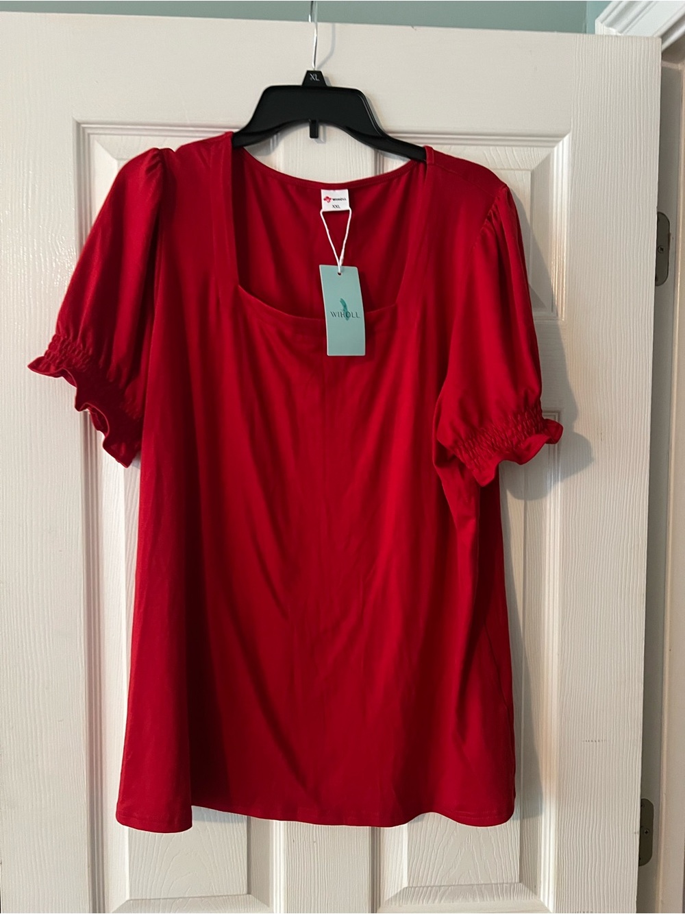 Wiholl Red Puff Sleeve Square-Neck Blouse